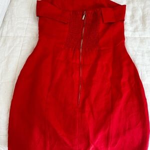 Elegant Linen Red Strapless Dress